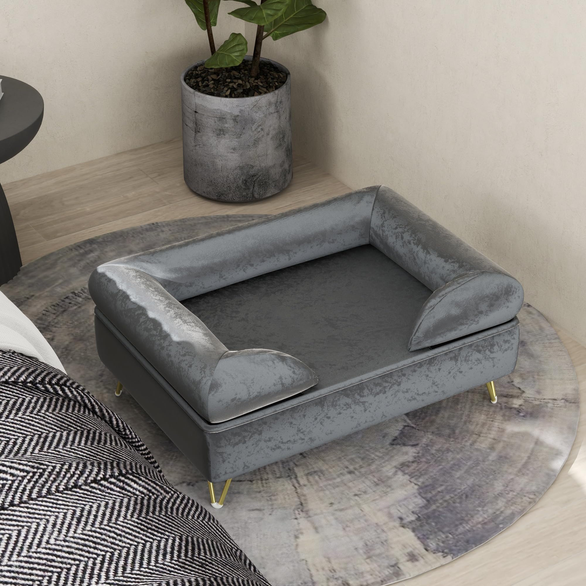 PawHut Canapé pour Chien et Chat, Pieds Métal, Velours, Housse Lavable, 76 x 53,5 x 34 cm, Gris
