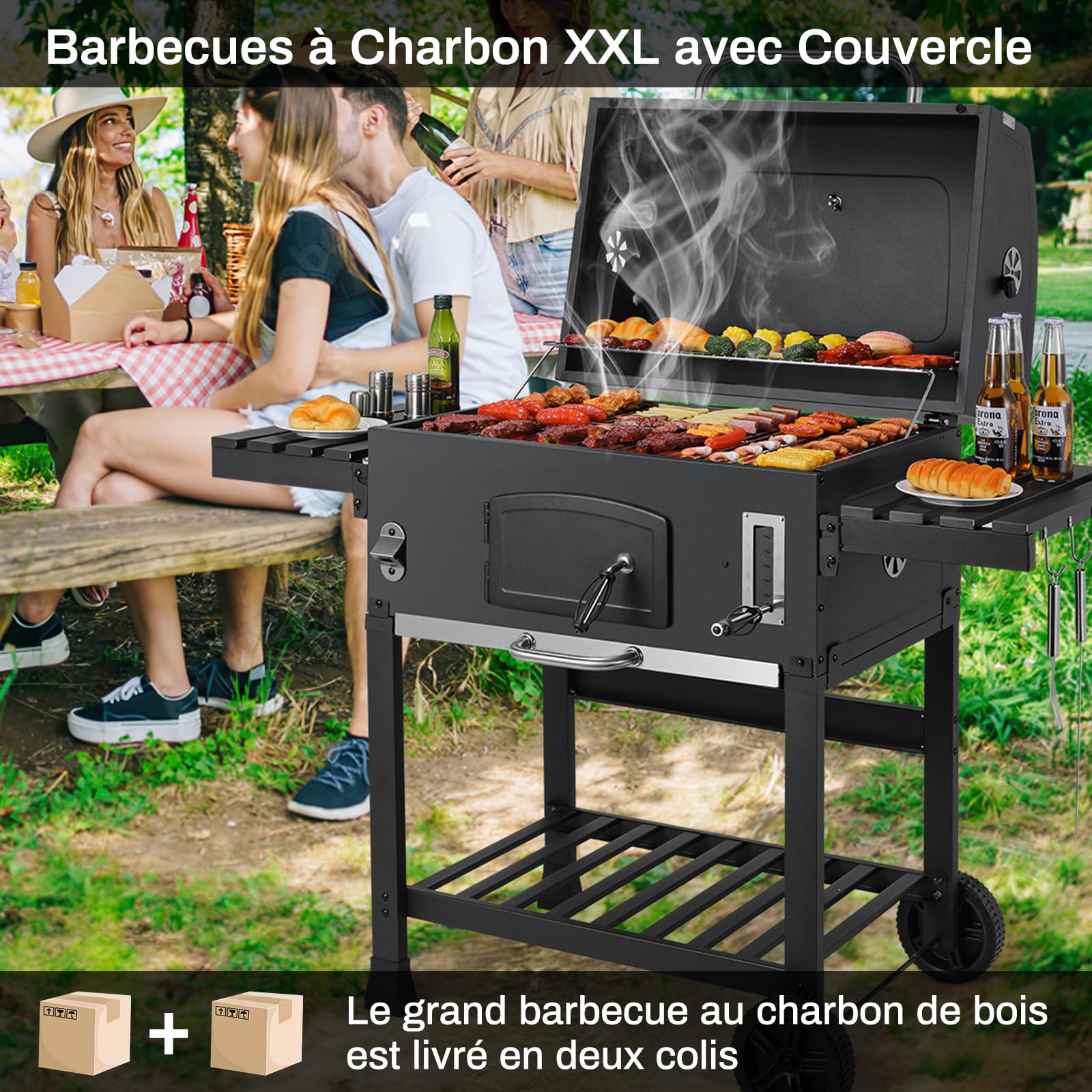 LIFERUN Barbecue Charbon de Bois XXL avec Cheminée, Grand Chariot avec Couvercle, Roues, Thermomètre, Fumoir Smoker
