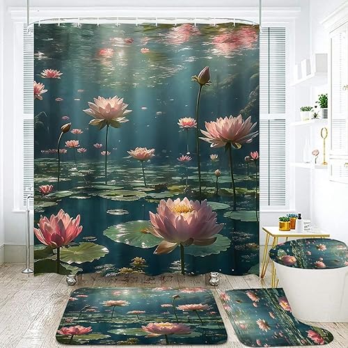 Miniatura 46 de DDQQ Juego de cortinas de ducha de hojas verdes con alfombra antideslizante, cubierta para tapa de inodoro y tapete de baño, juego de cortinas