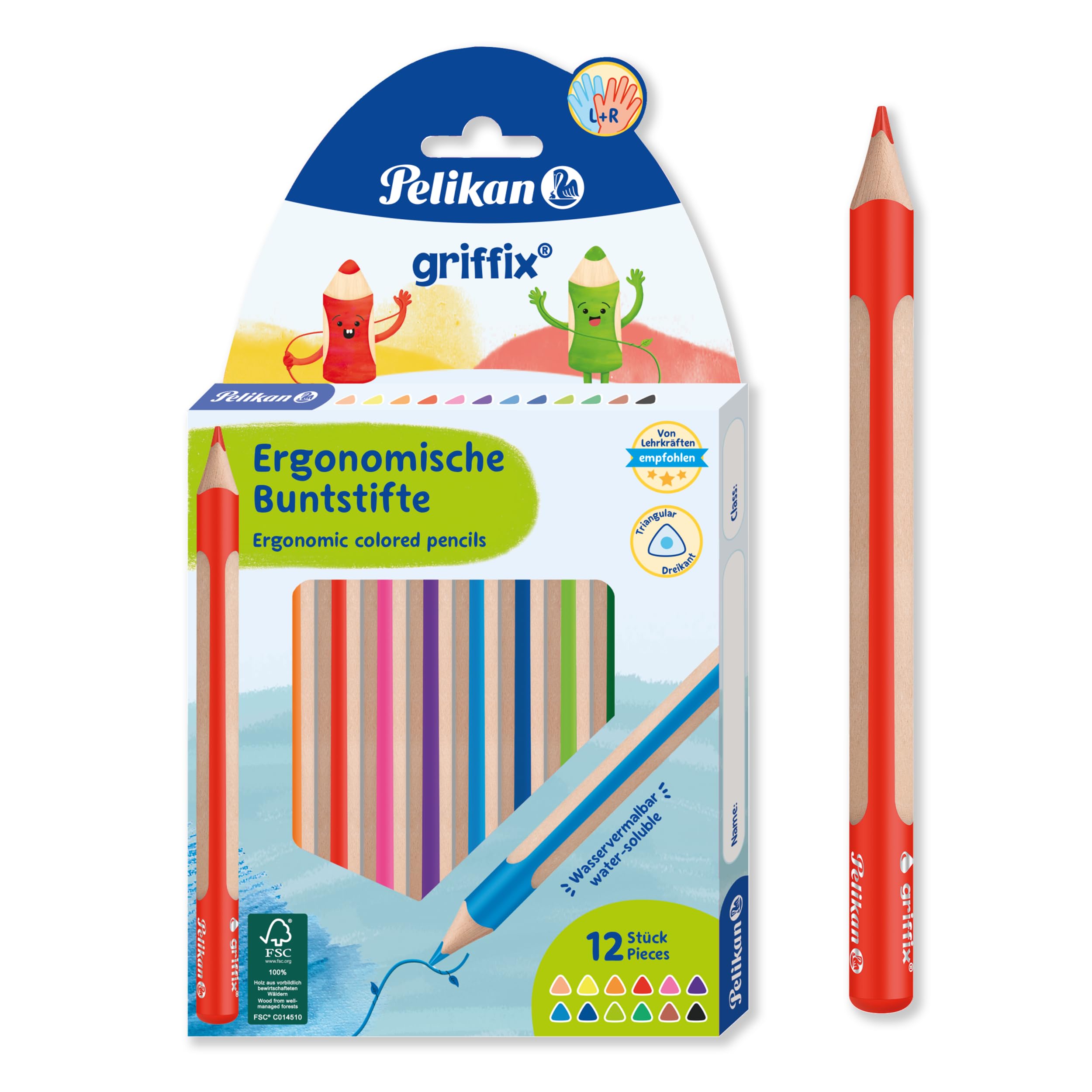 Pelikan Griffix Coloured Pencils, 12 Pack, Triangular Ergonomic Design, FSC-Certified Wood, Water-Soluble Leads