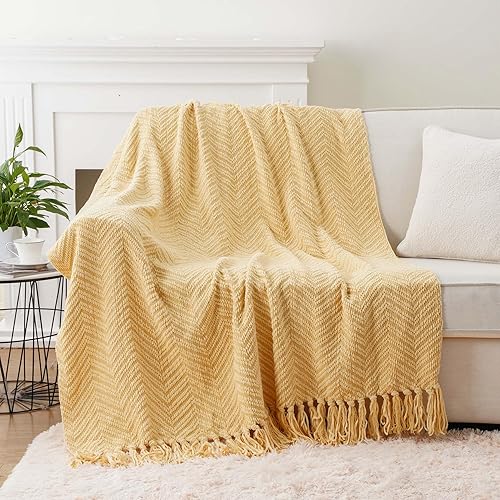 Miniatura 2 de BATTILO HOME Manta dorada para sofá, manta de punto amarillo versátil para silla, manta supersuave y cálida mostaza con borlas para cama individual,