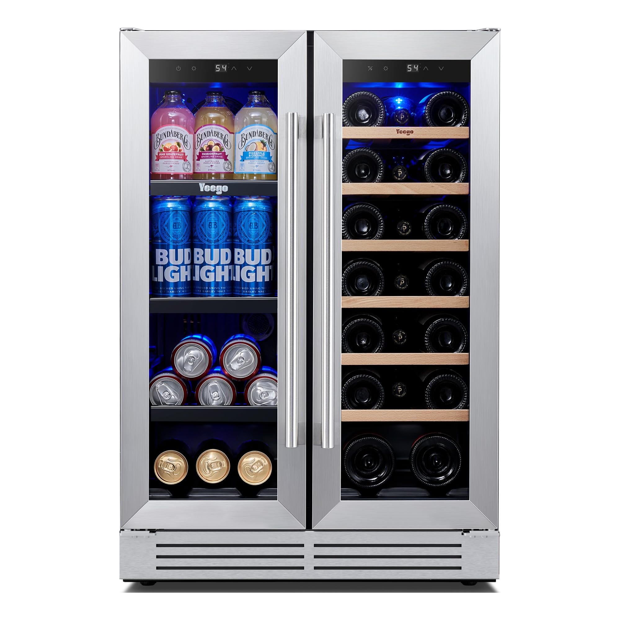 Yeego Wine and Beverage Refrigerator, 24 Inch Dual Zone Wine Fridge with Glass Door, 36-72℉ Beer Cooler Holds 20 Bottles and 60 Cans, Built-In or Freestanding Beverage Cooler for Home Bar Office | Fridge.com