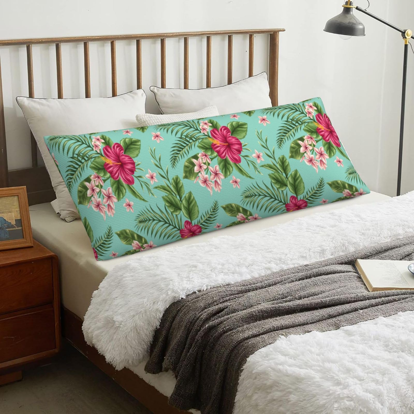 Plumeria And Hibiscus Flowers Print Exotic Jungle Palm Leaf, Body Pillow Cover with Zipper,Long Body Pillowcase 20 x 60 in
