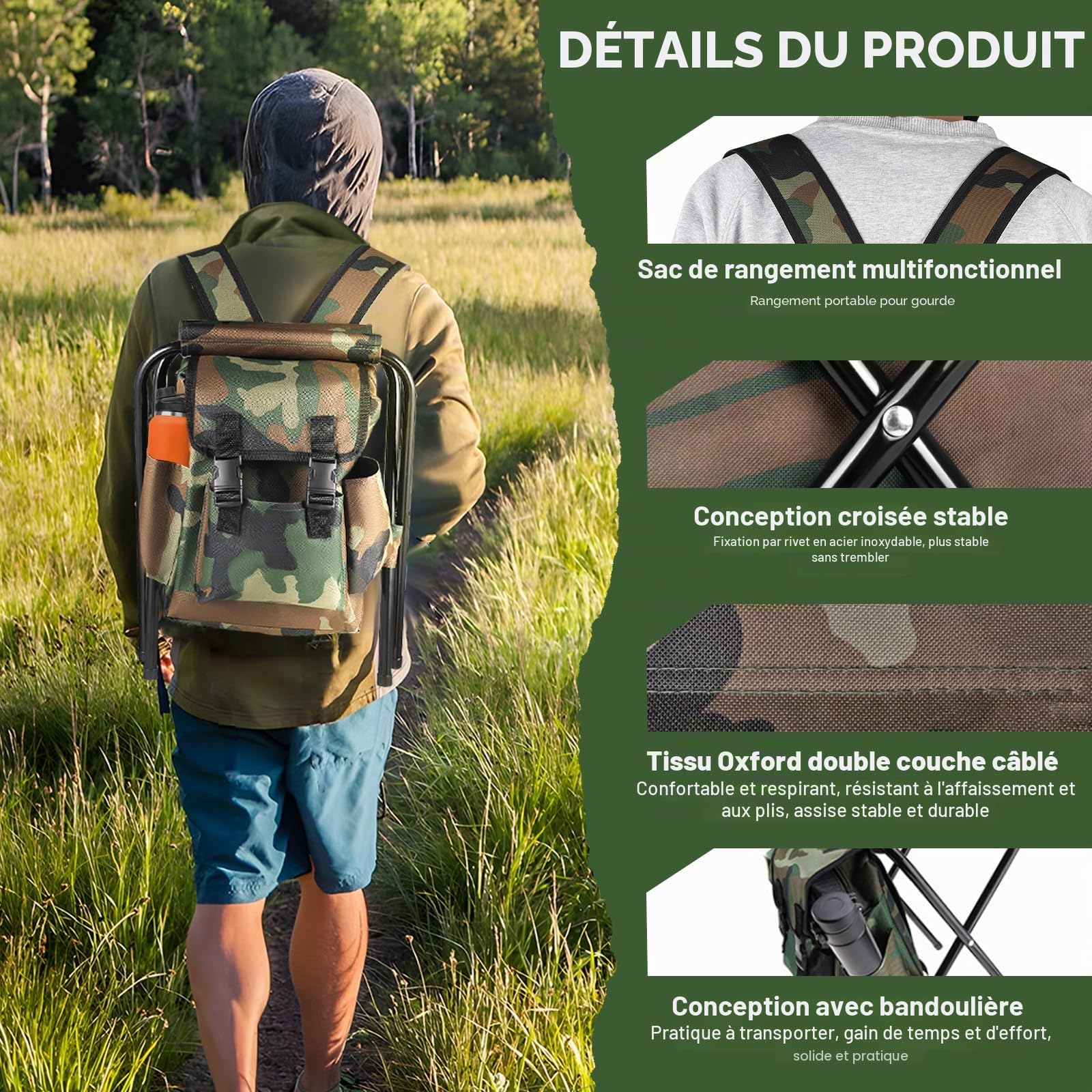 Chaise Pliante Camping Sac à Dos Imperméable - Siège Portable 100kg pour Pêche, Randonnée avec Design Stable (Camouflage)