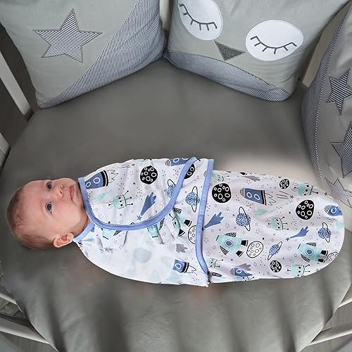 Miniatura 6 de Manta de envolver para bebé, niña y niño, fácil de cambiar, paquete de 2 saco de dormir ajustable para bebés recién nacidos de 0 a 3 meses (azul y