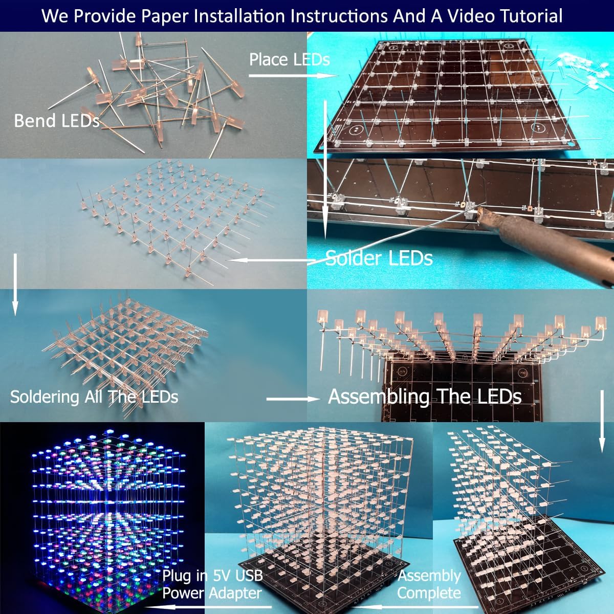 Step-by-step visual guide for assembling the LED cube, showing bending, placing, and soldering LEDs.