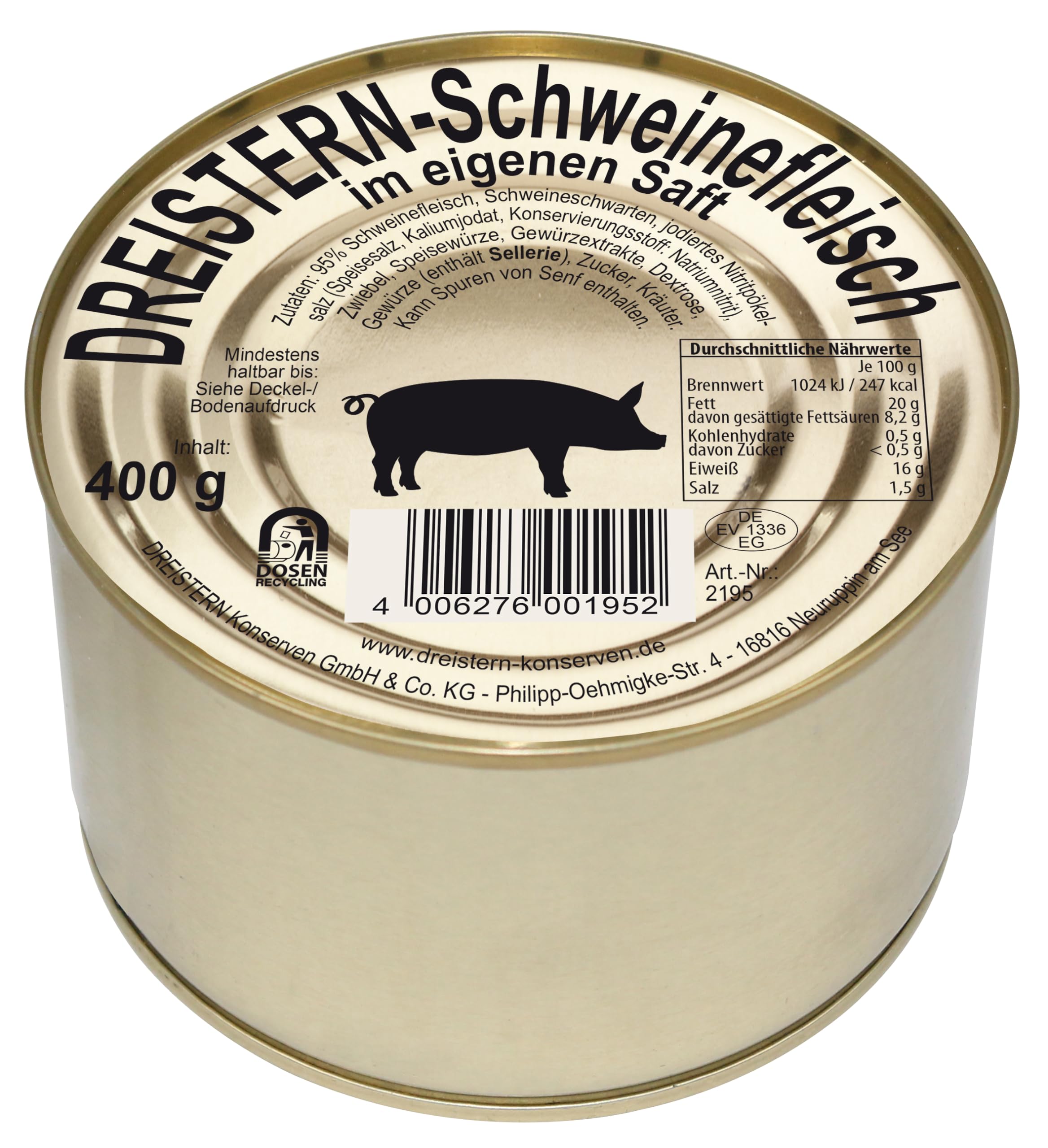 DREISTERN Schweinefleisch im eigenen Saft 400g I Mit Schweineschwarte I Herzhafte Spezialität in recyclebarer Goldlackdose I Lange Haltbarkeit dank natürlicher Konservierung I Hausmacher Qualität
