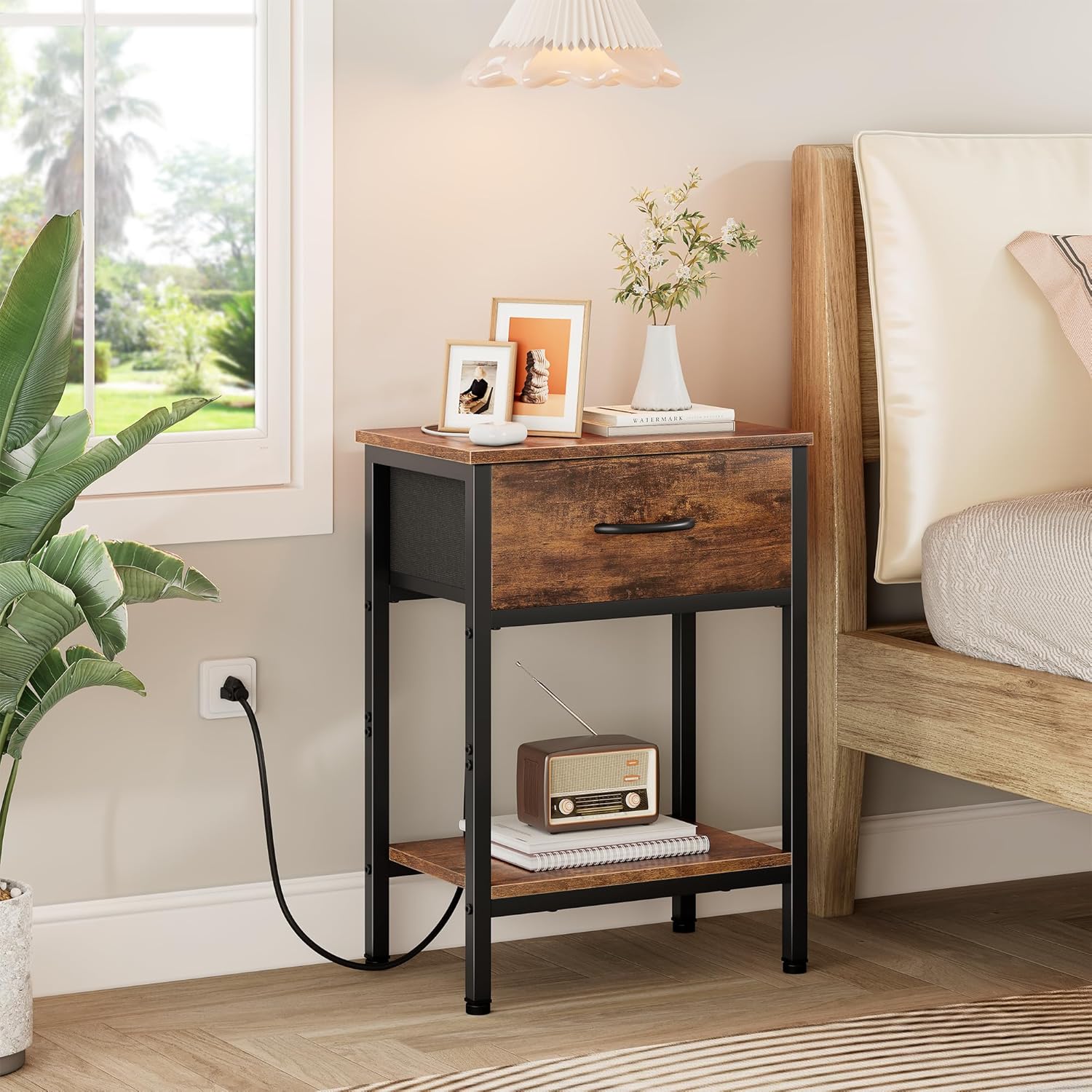 Vagusicc Nightstand with Charging Station, End Table with Fabric Drawer, Small Side Table with 2-Tier Storage Shelves, 25.4" Tall Bedside Table, Night Stand for Bedroom Living Room Dorm, Rustic Brown - Image 2