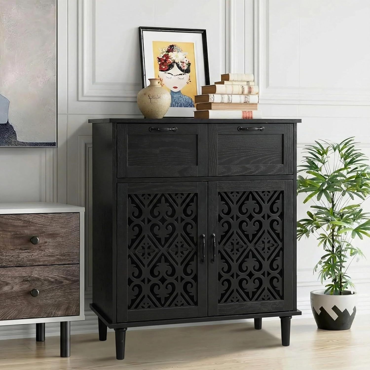 Hollow Carved Accent Cabinet with Two Doors,Buffet cabinets with Storage, Two Drawer Divider Solid Wood Sideboard,Boho Console Cabinets for Living Room, Entryway, Hallway, Kitchen (1 Black)