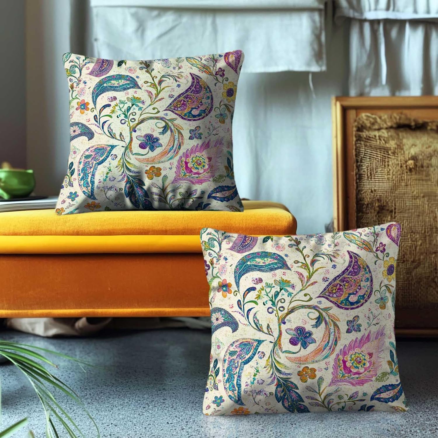 Boho Paisley Floral Throw Pillow Covers 18x18 Set of 2 | Vintage Decorative Cushion Covers for Farmhouse Bedroom Couch Sofa | Soft Pillowcases with Hidden Zipper - Image 4
