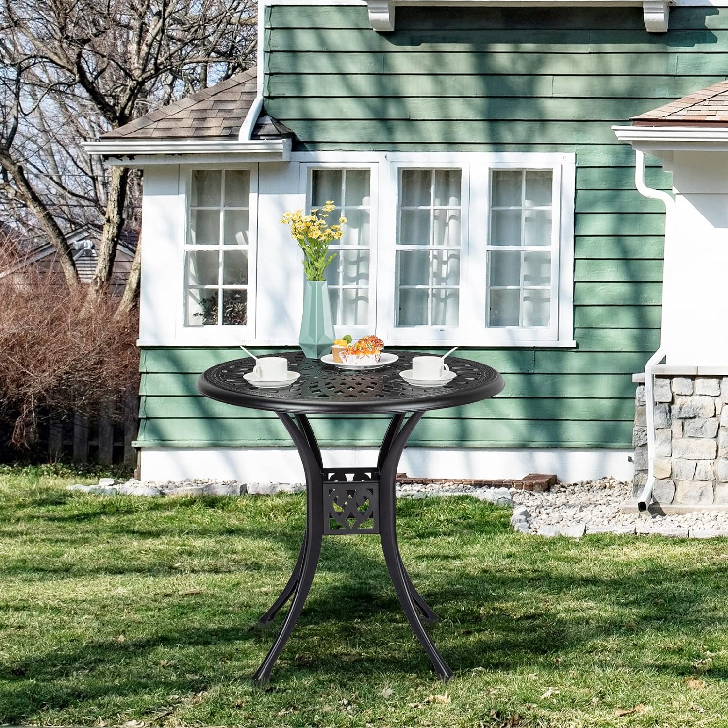 30.25" Round Cast Aluminum Patio Bistro Table, Bistro Table with Umbrella Hole, Outdoor Side Table, for Porch, Backyard, Garden, Balcony, Black