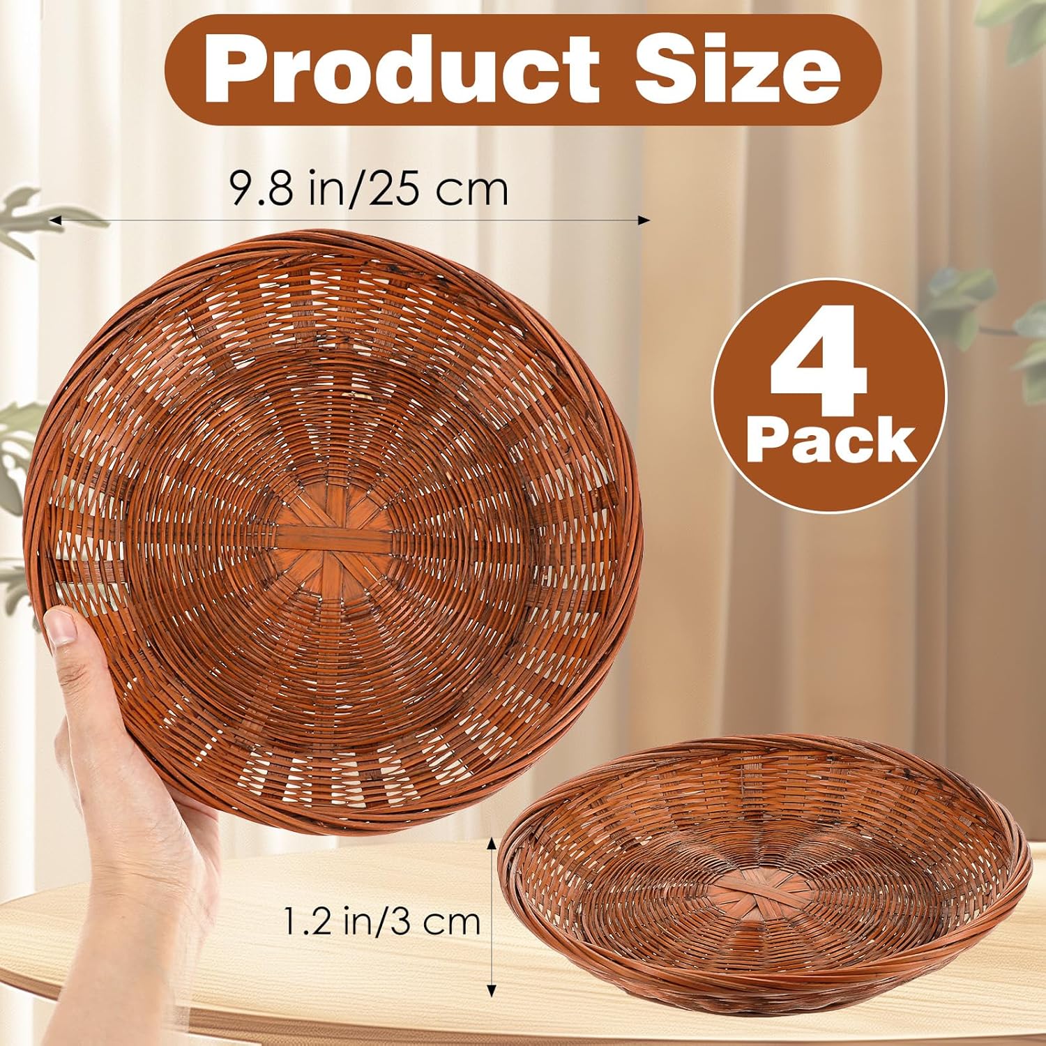 4 Count 9.8 Inch Hand Weave Round Bamboo Paper Plate Holder, Premium Rattan Paper Plate Holder for Dinner Plates, Picnic, Wall Decorate and Rustic Party Decorate, Brown