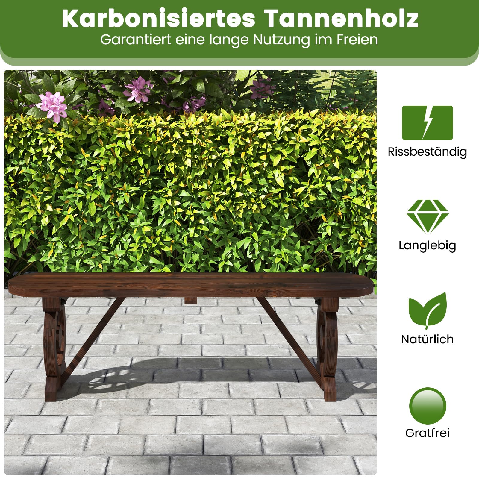 COSTWAY Gartenbank ohne Rückenlehne, wetterfeste Sitzbank, Holzbank für 2-3 Sitzer bis 325 kg belastbar, Terrassenbank aus Holz, Parkbank im Wagenrad-Design für Garten, Balkon, 113 x 28 x 37 cm