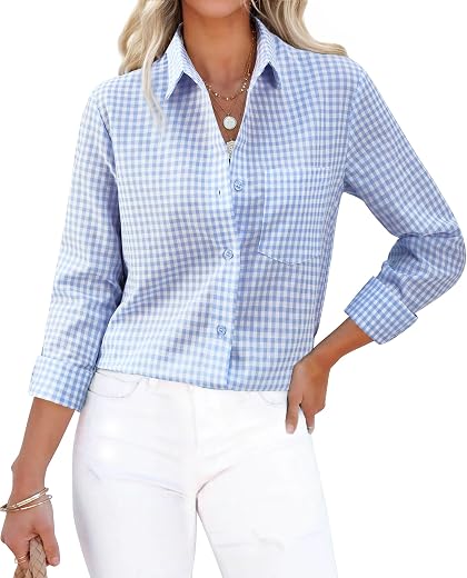 siliteelon Plaid Shirts for Women Gingham Top Button Down Long Sleeve Dress Shirts Cotton Casual Fitted Work Collared Blouse