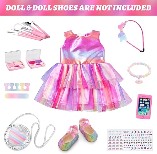 Vista 2 de ZITA ELEMENT Muñeca americana de 18 pulgadas, 14 piezas, accesorios de maquillaje con vestido para muñeca de generación, juego de belleza y ropa