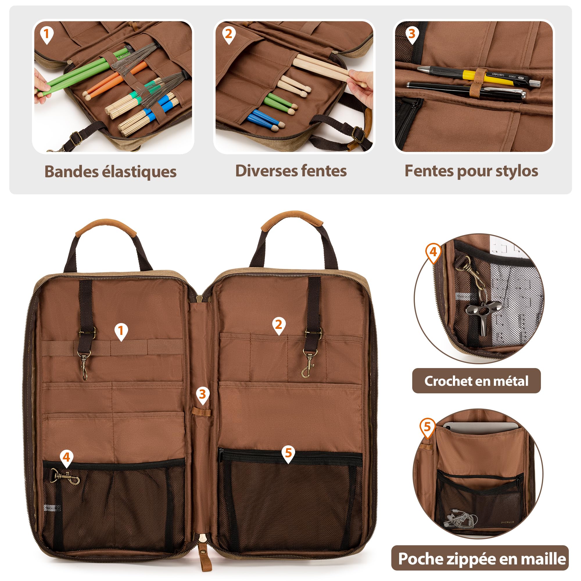 Damero Sac à Baguettes en Toile Cirée avec Bandoulière Amovible | Sac de Rangement pour Baguettes avec Poignée pour Batteurs, Groupes Débutants, Concerts