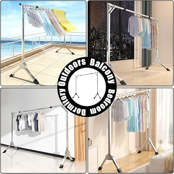 Indoor Outdoor Clothes Drying Rack Foldable - Extendable Single Pole Laundry Drying Rack - Heavy Duty Stainless Steel Garment Rack for Drying Outdoors, Storing Indoors,H:136cm/54,W:2.4M(7.87F