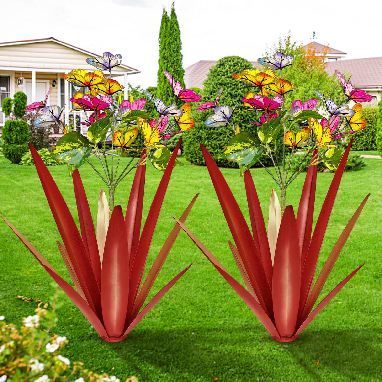 TOMBABY Solar-Garten-Deko – Blaue Metall-Rose & Agave Mit Solar-LED-Beleuchtung