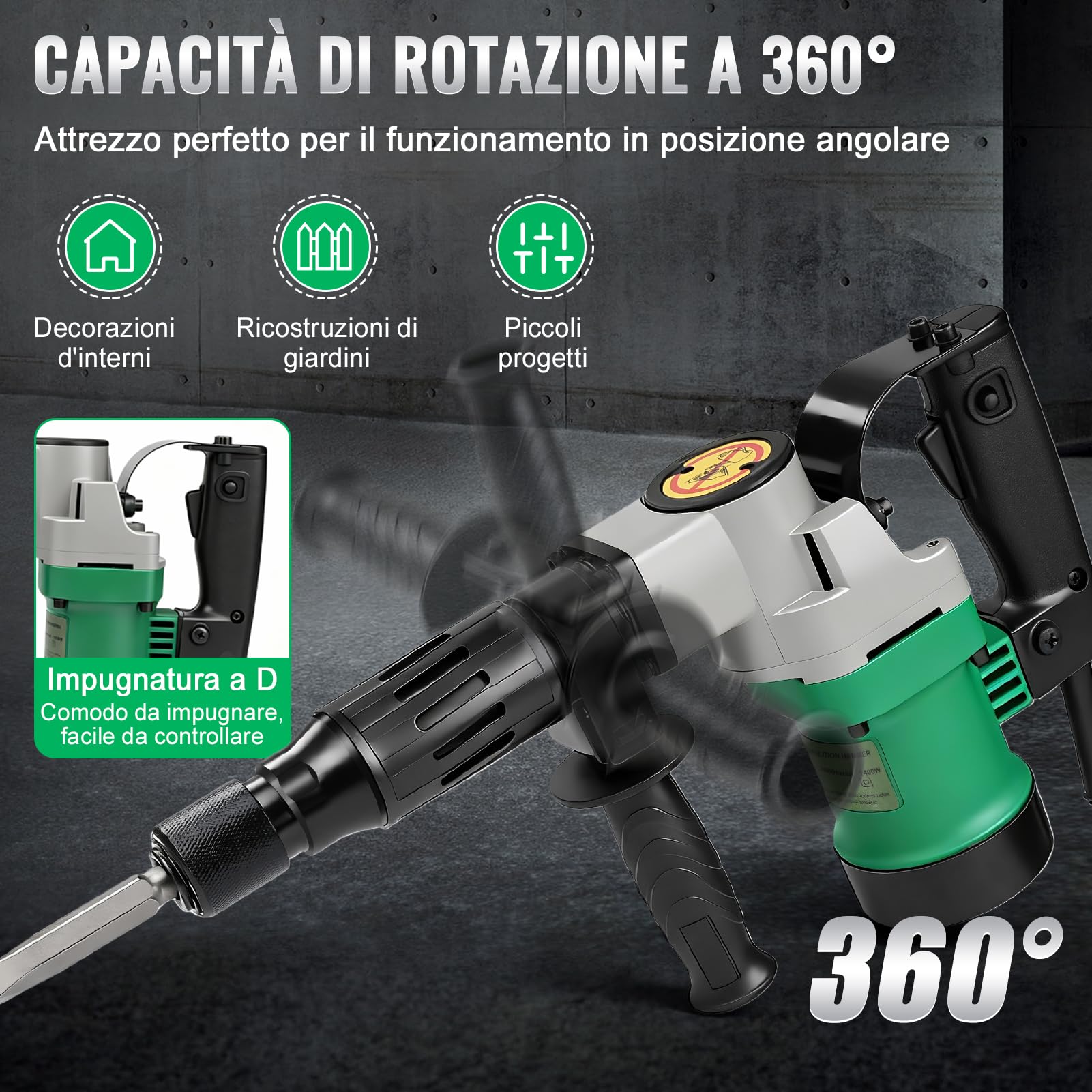 SDS Plus Martello Demolitore, 1400W 30 Joule 3600 RPM Potente Martello Perforatore Tassellatore Martello Elettrico A Scalpello Incl. Scalpello A Punta, Piatto Per Calcestruzzo, Mattoni, Piastrelle