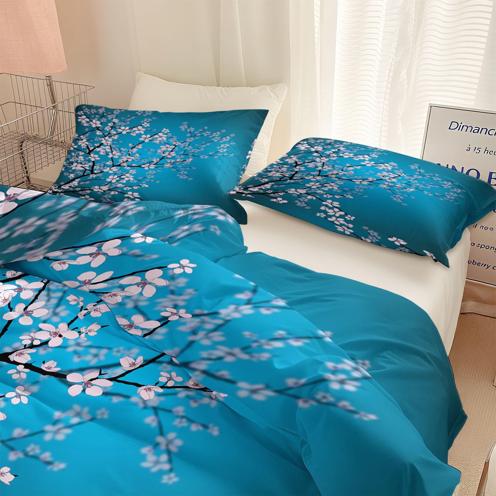 Housse de Couette 240x220 cm Fleurs de Cerisier du Japon, Parure de Lit 2 Personnes avec 2 Taies d'Oreiller 65x65 cm, Imprimé Floral Zen Réversible en Microfibre Douce et Respirante, Bleu Turquoise