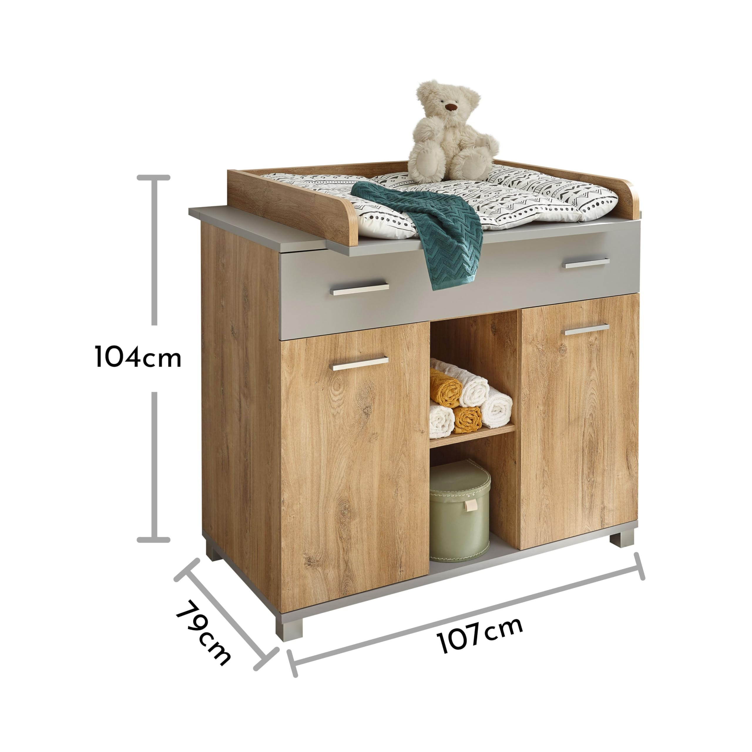 LARISSA Baby Wickelkommode inkl. Wickelaufsatz Bolton Oak Optik Arktisgrau 107 x 104 x 79 cm