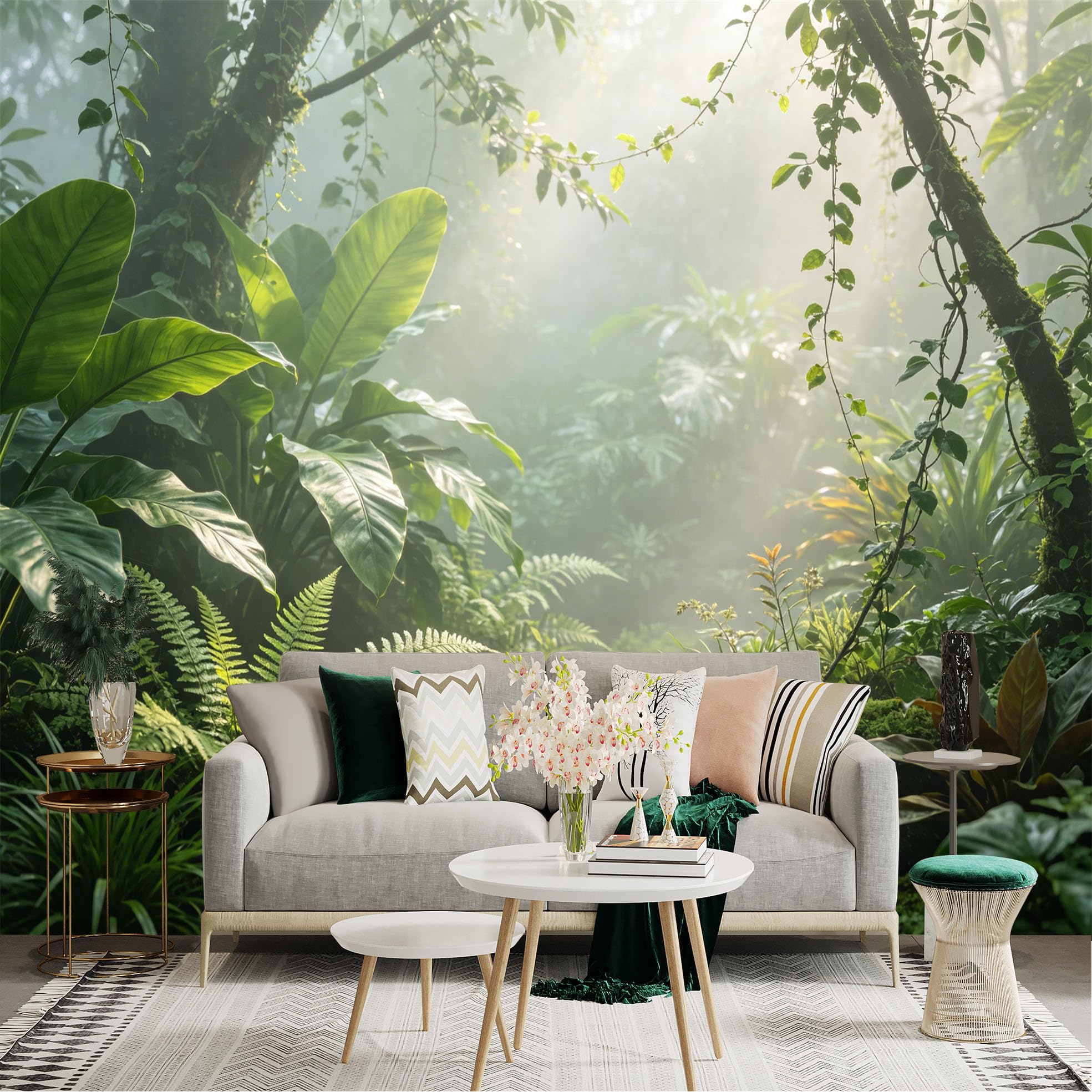 Lnzczhyre Dbh260521934 Custom Size Wall Sticker Mural， Misty Tropical Rainforest， Lush Green Ferns， Sunlight Through Canopy， Botanical Jungle Scenery， For Wall Decoration， Peelandstick Wall Decals.