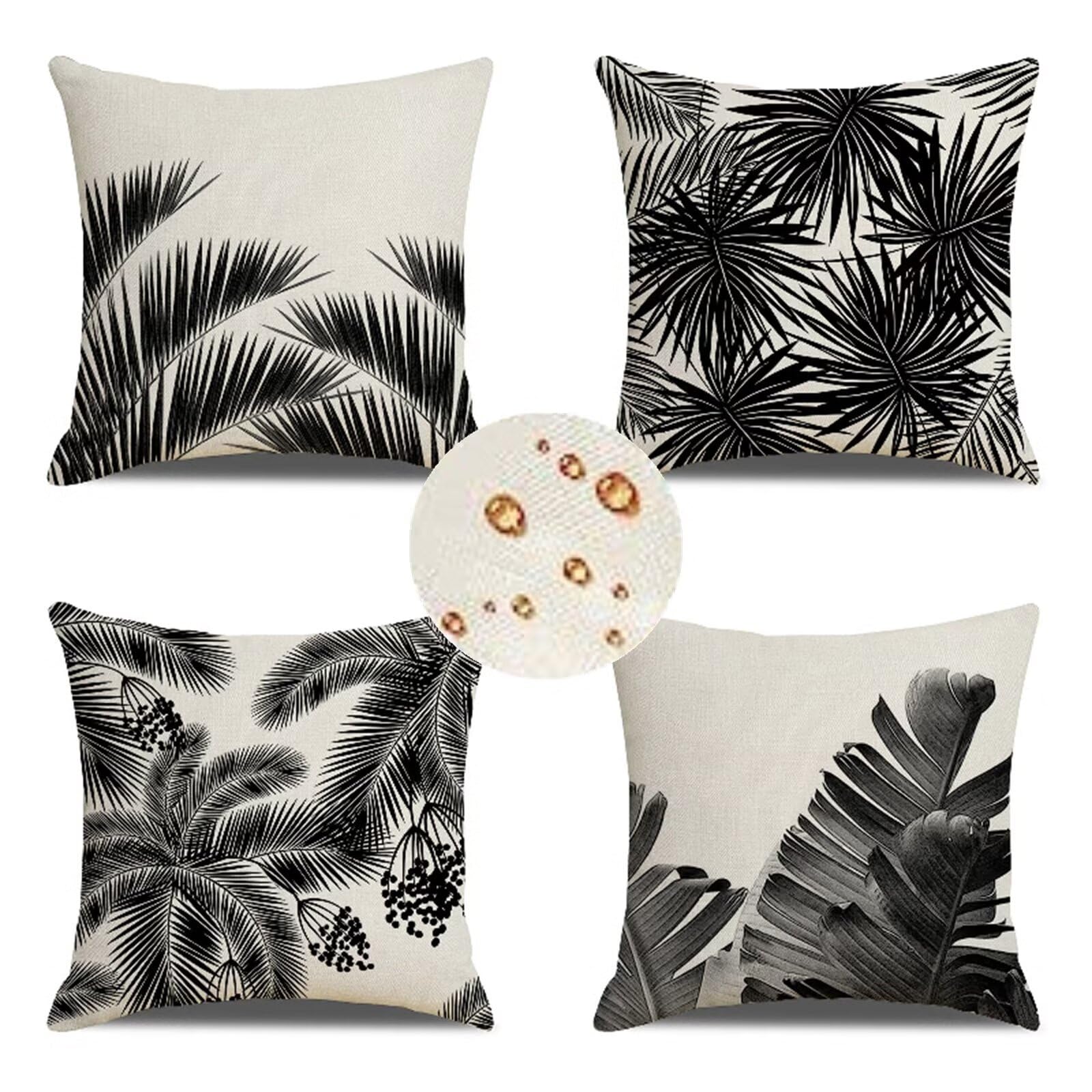 Outdoor Wetterfest Kissenbezug 65x65 cm 4er Set Schwarz Kissenbezüge Weiss Outdoor Kissen Wasserdicht Leinen Sofakissen Dekokissen für Garten Couch Terrasse Bank Stuhl Outdoor Heimdekoration Geschenke