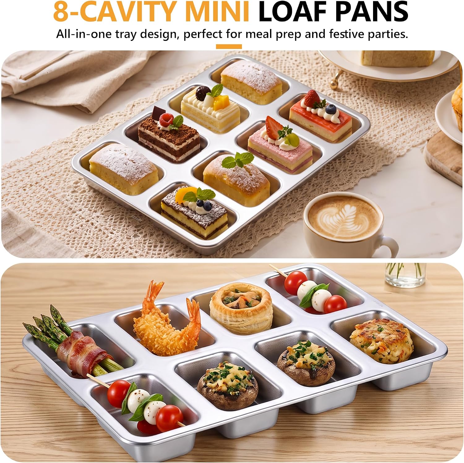 E-far Mini Loaf Pan, 8-Cavity Stainless Steel Baking Bread Pans Set, 2 Pack