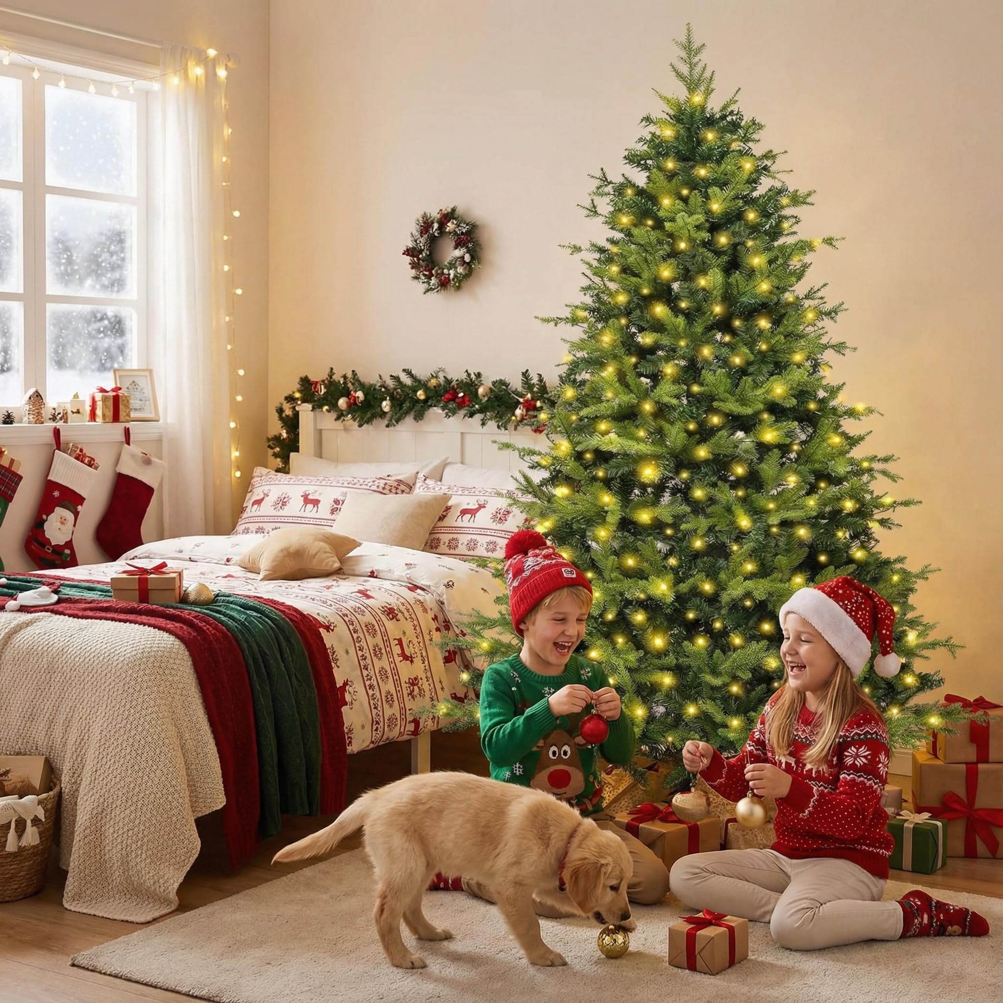 Sapin de Noël Artificiel 180 cm - Sapin de Noël avec lumières Blanc Chaud - 1000 Pointes de Branche en polyéthylène PVC - Pliable - pour décoration de Noël intérieure