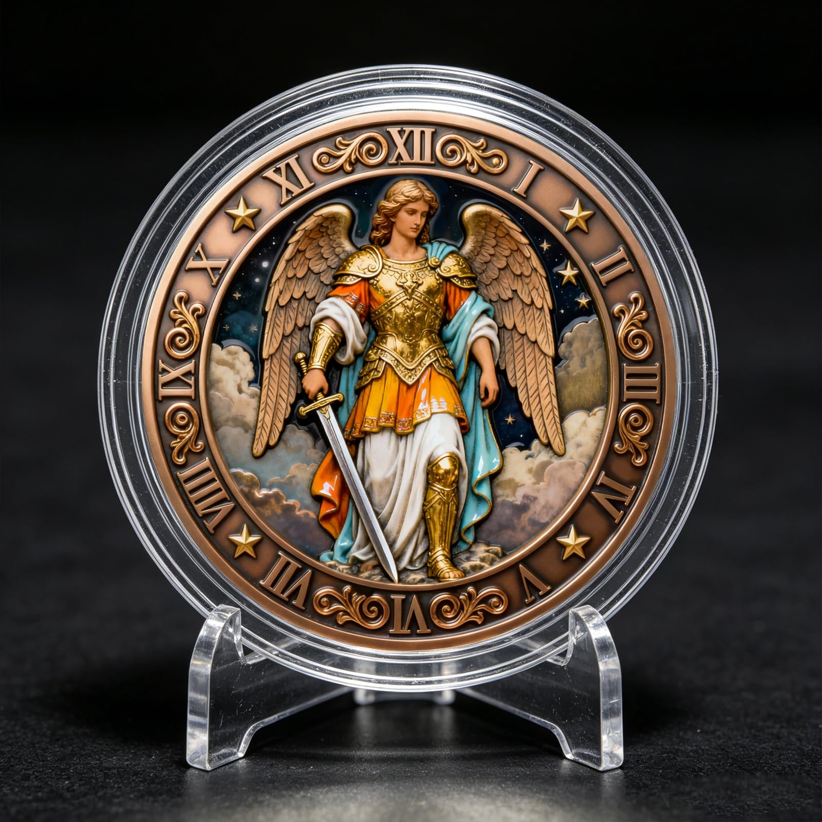 Moneda de protección del arcángel de San Miguel, moneda de ángel de la guarda con oración de San Miguel, moneda religiosa cristiana con funda protectora transparente, acabado antiguo