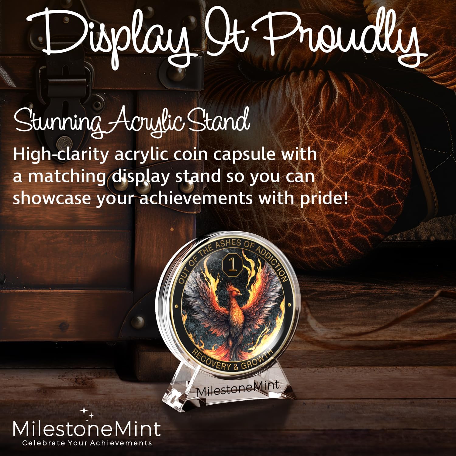MilestoneMint Phoenix 1 Year Sobriety Coin Gift Set | Sobriety Gifts Token for Anniversary Year | AA Chips Men & Women in Recovery | AA Coins and Medallions with Coin Capsule, Display Stand & Card