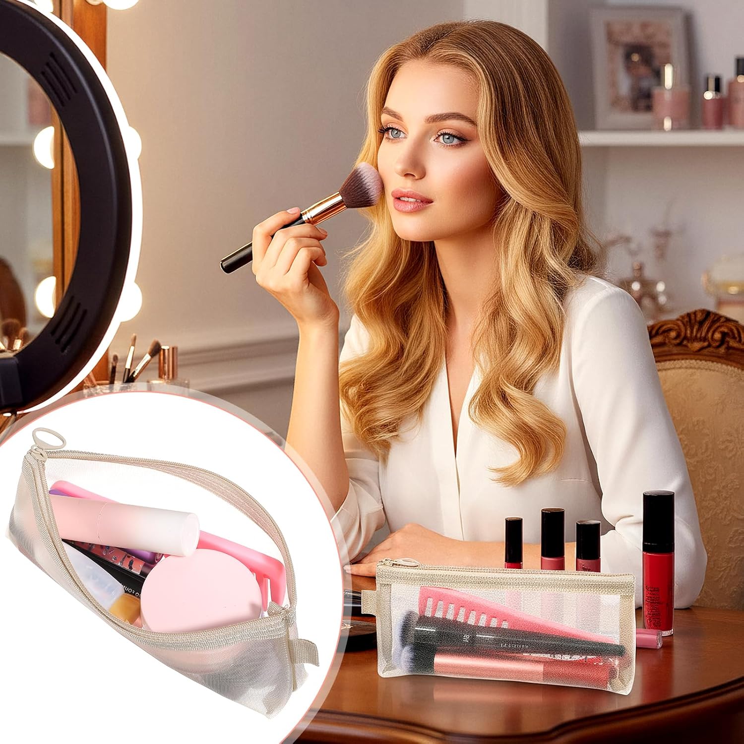 TIESOME 5 Pcs Mesh Zipper Pouch Bags, Nylon Mesh Makeup Brush Cosmetic Bags Portable Travel Organizer for Home Office Accessories, Multi-Color - Image 6