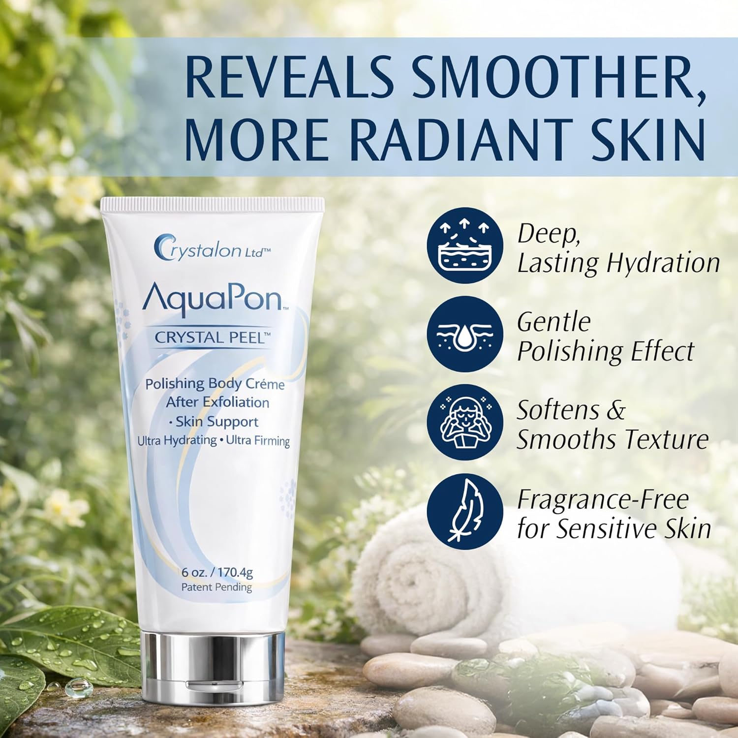 Aquapon Body cream for Women & Men, Crystal Peel Ultra Hydrating, Sensitive Skin Safe Daily Face & Body Moisturizer for dry skin, Polishing after exfoliation Skincare for a Smooth, Soft Feel, 6 Fl Oz.