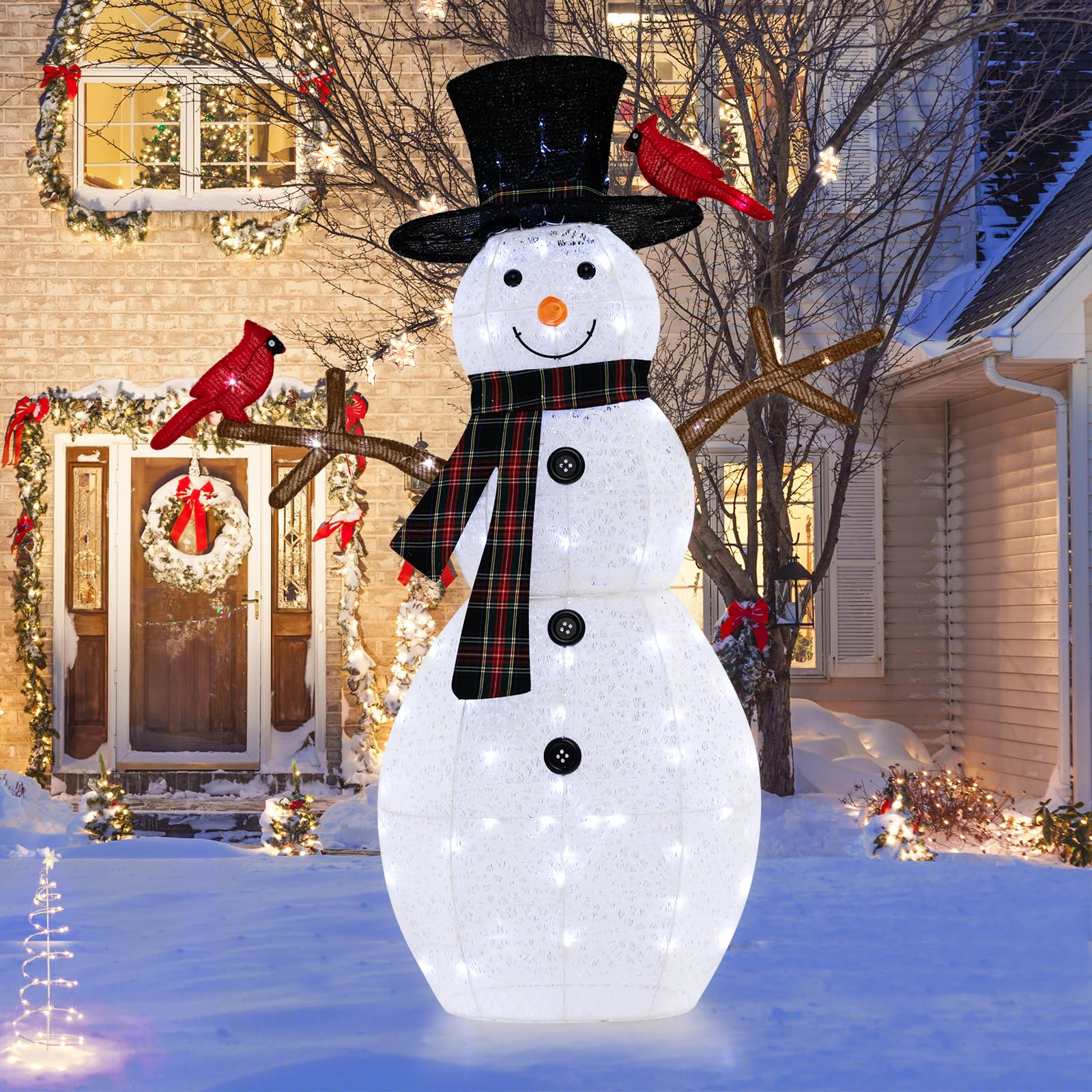 SOARS Decorazioni Natalizie, Pupazzo di Neve 99 X 16 X 127 CM con 70 Luci LED, 2 Uccellini Rossi, Resistente alle Intemperie, Addobbi Natalizi per Esterno & Interno per Salone, Giardino, Cortile
