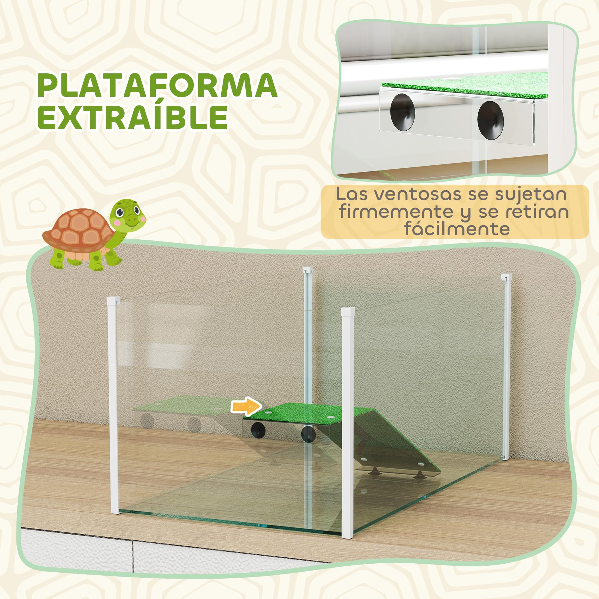 PawHut Acquario per tartarughe, terrario per tartarughe con piattaforma e rampa con superficie in erba artificiale, vista panoramica a 360°, per piccoli pesci, gamberetti, 60x35x28 cm, bianco