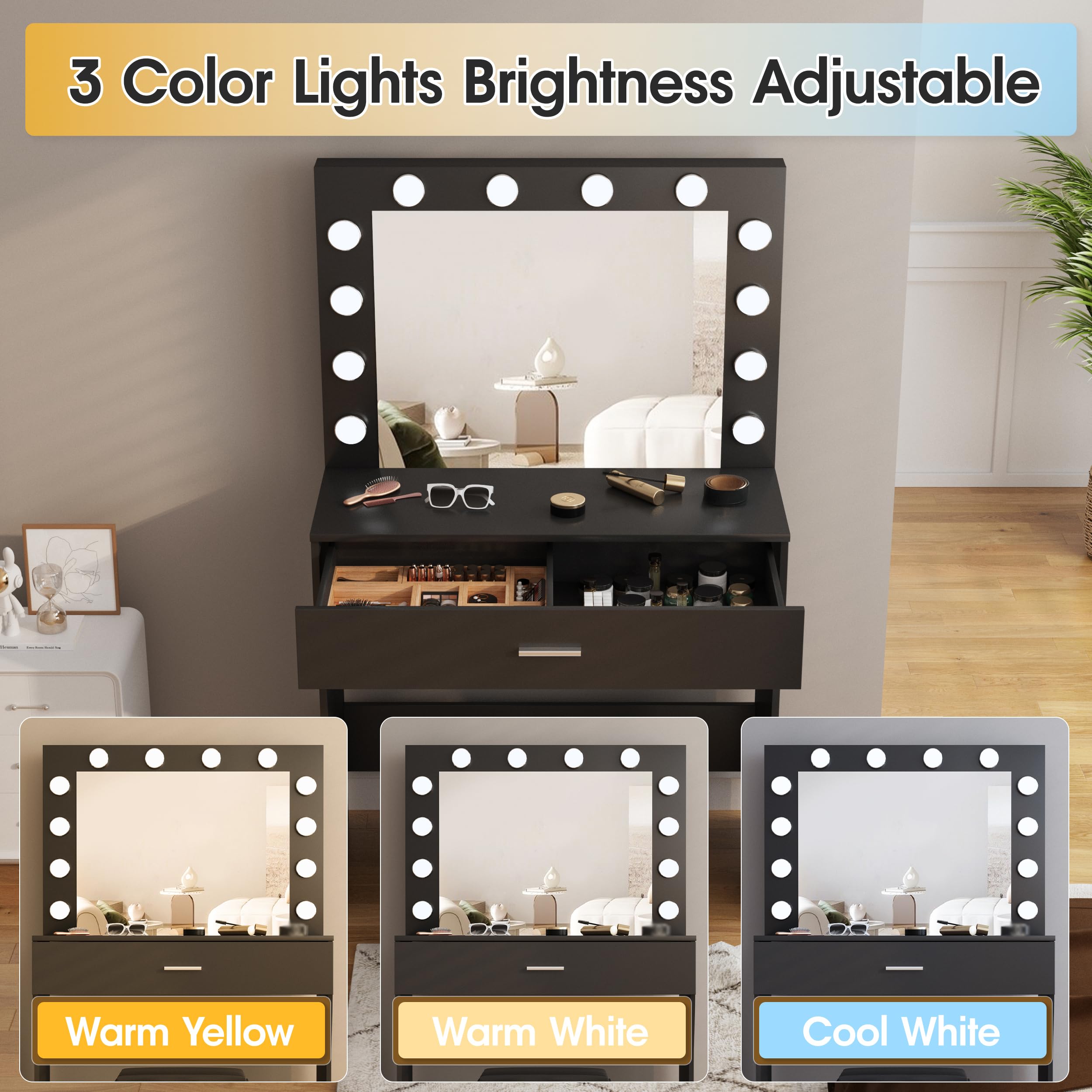 Vanity Desk with Mirror and Lights, Adjustable Brightness, Black Vanity Table Set with Storage Drawer,Makeup Vanity Set with Cushioned Chair