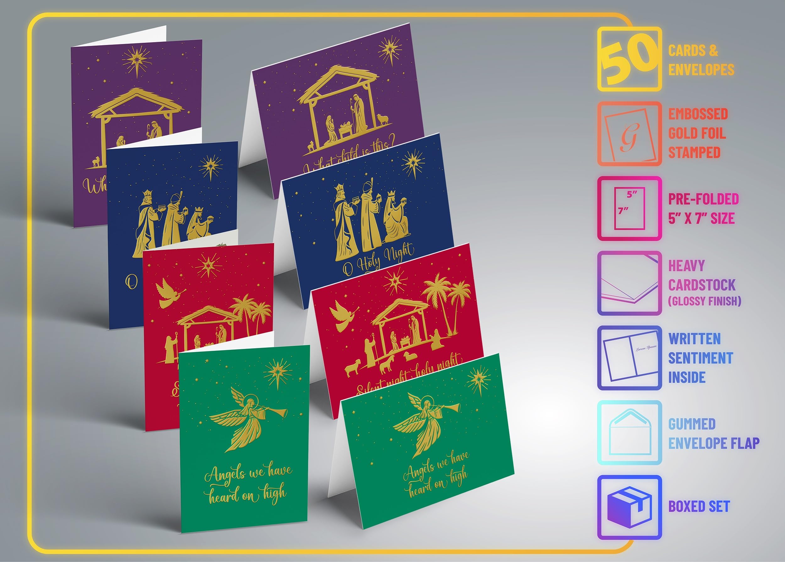 Better Office Products 50 Pack Religious Christmas Cards with Embossed Gold Foil Accents, 5" x 7", High Gloss, Gold Foil Interior Greeting, with 50 Envelopes, 50 Count Boxed Assortment - Image 2