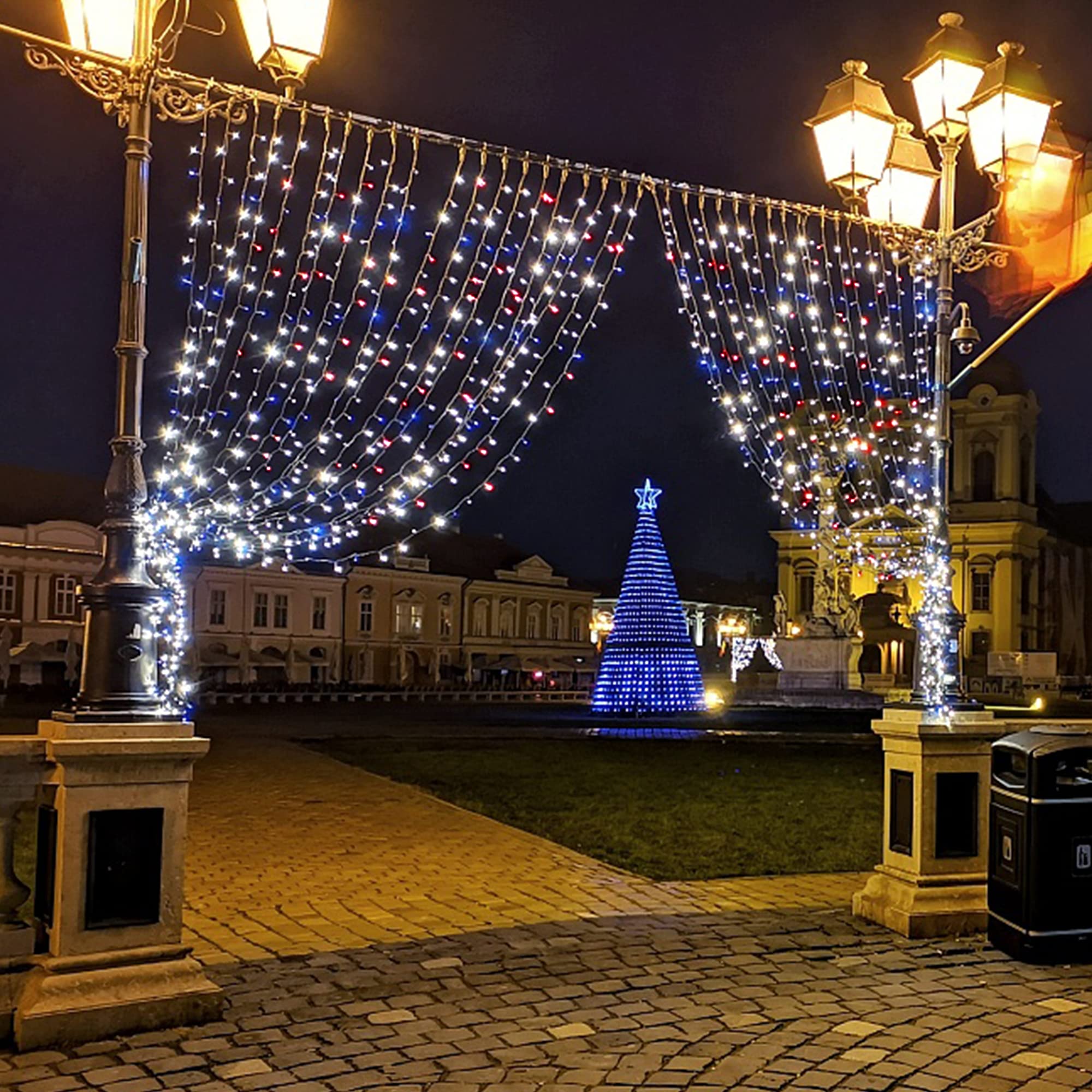 Twinkle Star Solar String Lights, 98FT 300 LED 8 Modes Solar Powered July 4th Patriotic White Wire Light Waterproof, Outdoor Indoor for Independence Day Garden Patio Yard Holiday Party, Red/Blue/White