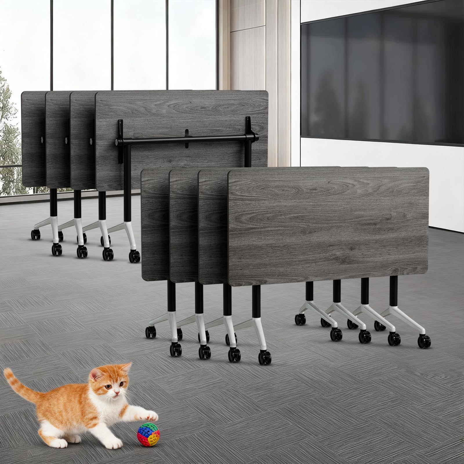 HETBGJU Conference Table White,Folding Rectangular Flip Top Conference Room Tables with Wheels for Large Meeting Seminar Home Office Classr (4, 55.1in