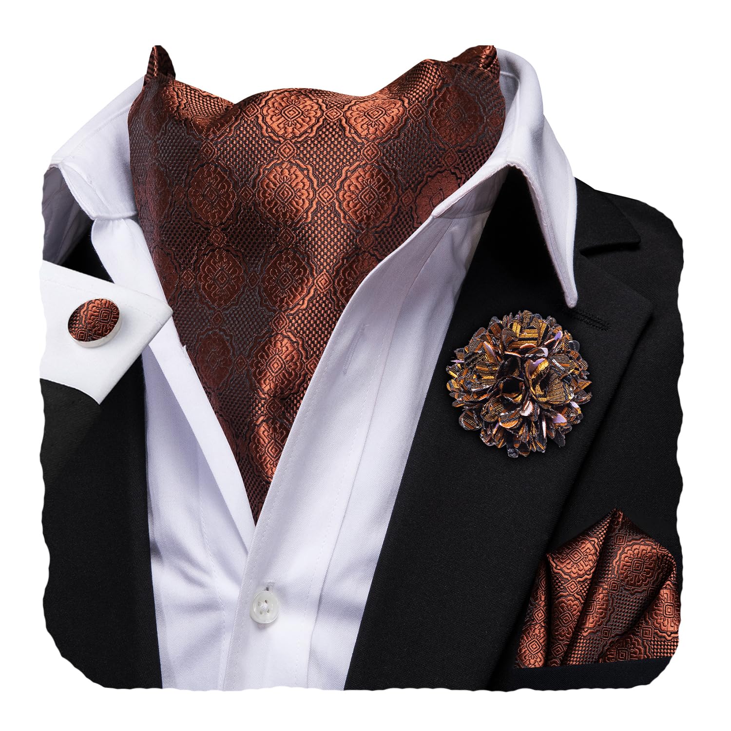 Hi-Tie Silk Ascot for Men Self Tie Men's Cravat and Flower Lapel Pin Handkerchief Cufflinks Set for Wedding Party