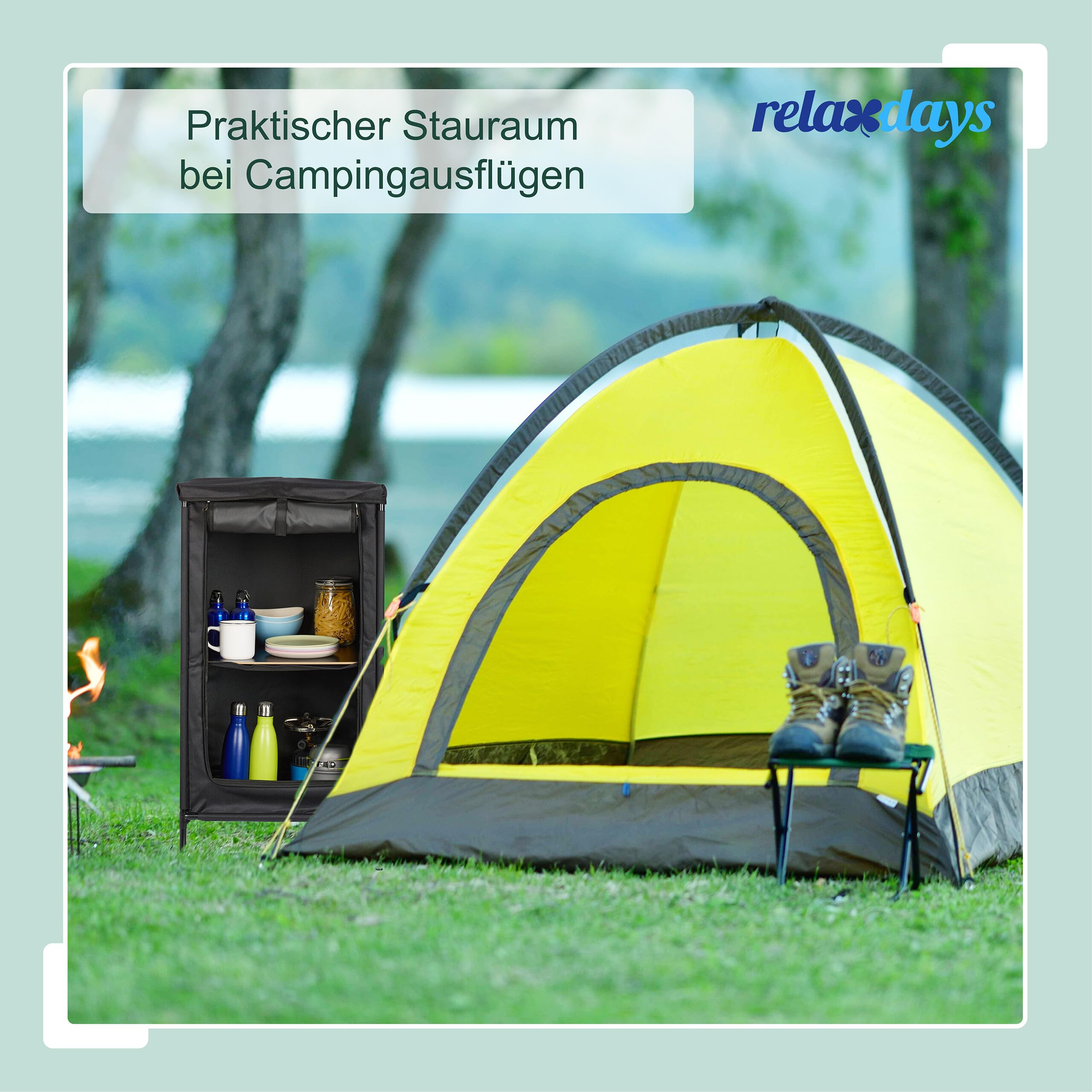 Relaxdays Campingschrank, 2 Ablagen, HxBxT: 87 x 47,5 x 47,5 cm, Stoff & Metall, Campingregal, Stauraum im Vorzelt, grau