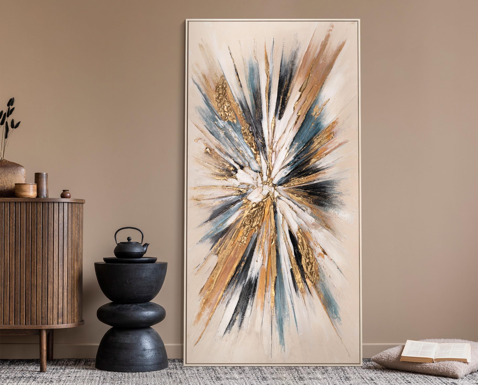 YS-Art Luxus bunte Abstrakt Acryl Gemälde auf Leinwand leinwand mit Rahmen beige handgemalt Wandbild Wohnzimmer modern Wohndekor Bilder Büro echte Kunst 100x50 cm