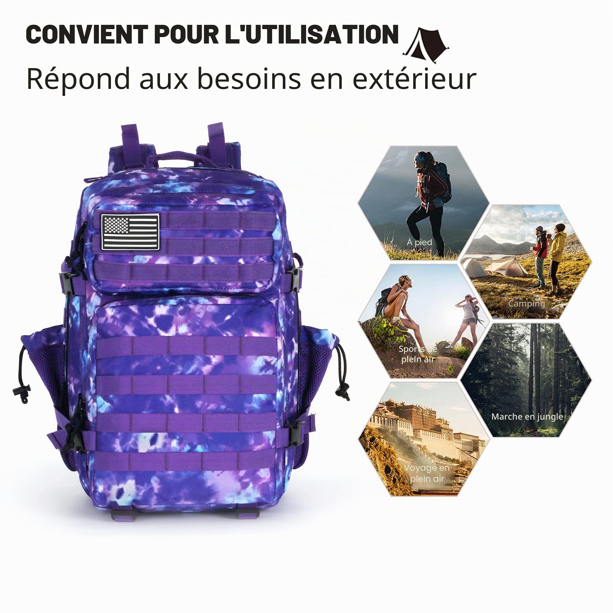 Lovelinks21 Sac à dos tactique d'assaut de 45 l avec sac à dos imperméable Molle pour sacs à dos tactiques, violet/camouflage, Large, Sac à dos