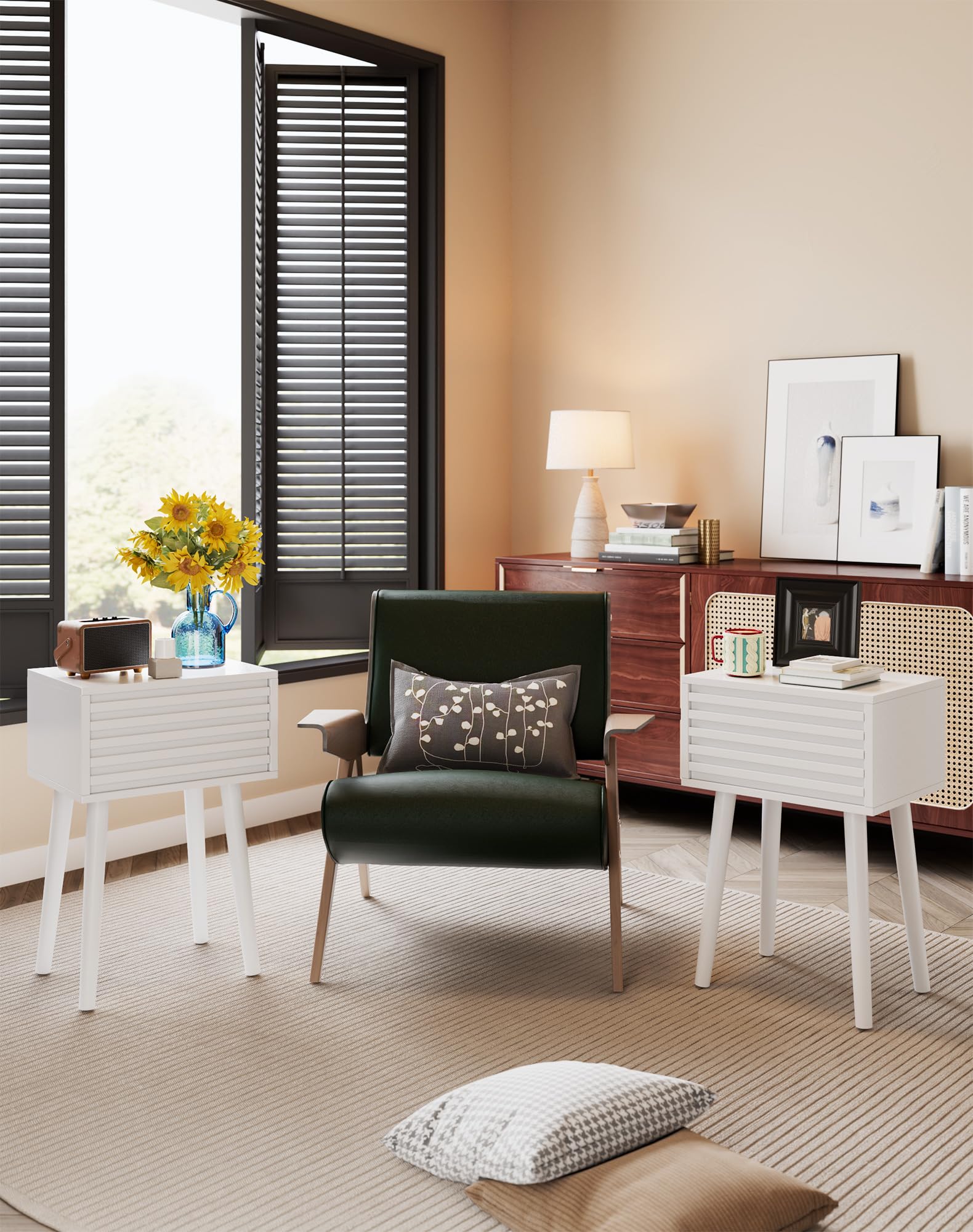 YMYNY Nachttisch 2er Set, Beistelltisch, Mid-Century-Modern Nachtschrank mit Drucktüröffner, Massivholz Beinen, 35x27x53 cm, Sofatisch, Couchtisch für Wohnzimmer, Schlafzimmer Weiß HST018W-2