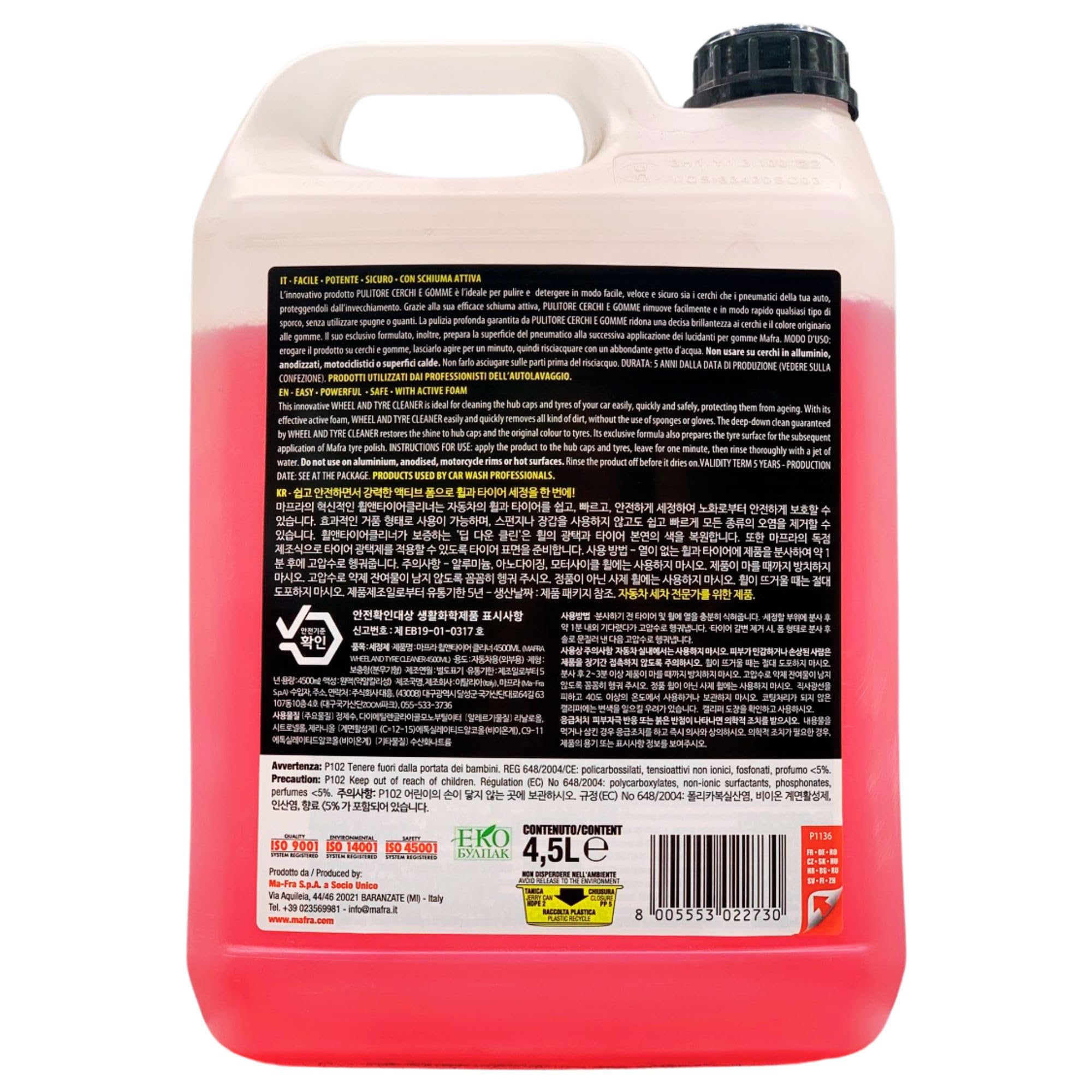 SET PULITORE CERCHI E GOMME Con Schiuma Attiva. Deterge e Sgrassa Gli Pneumatici Delle Auto: Tanica 4500ml + Trigger 500ml + Confezione Da 5 Panni In Microfibra, Formato 30x35cm