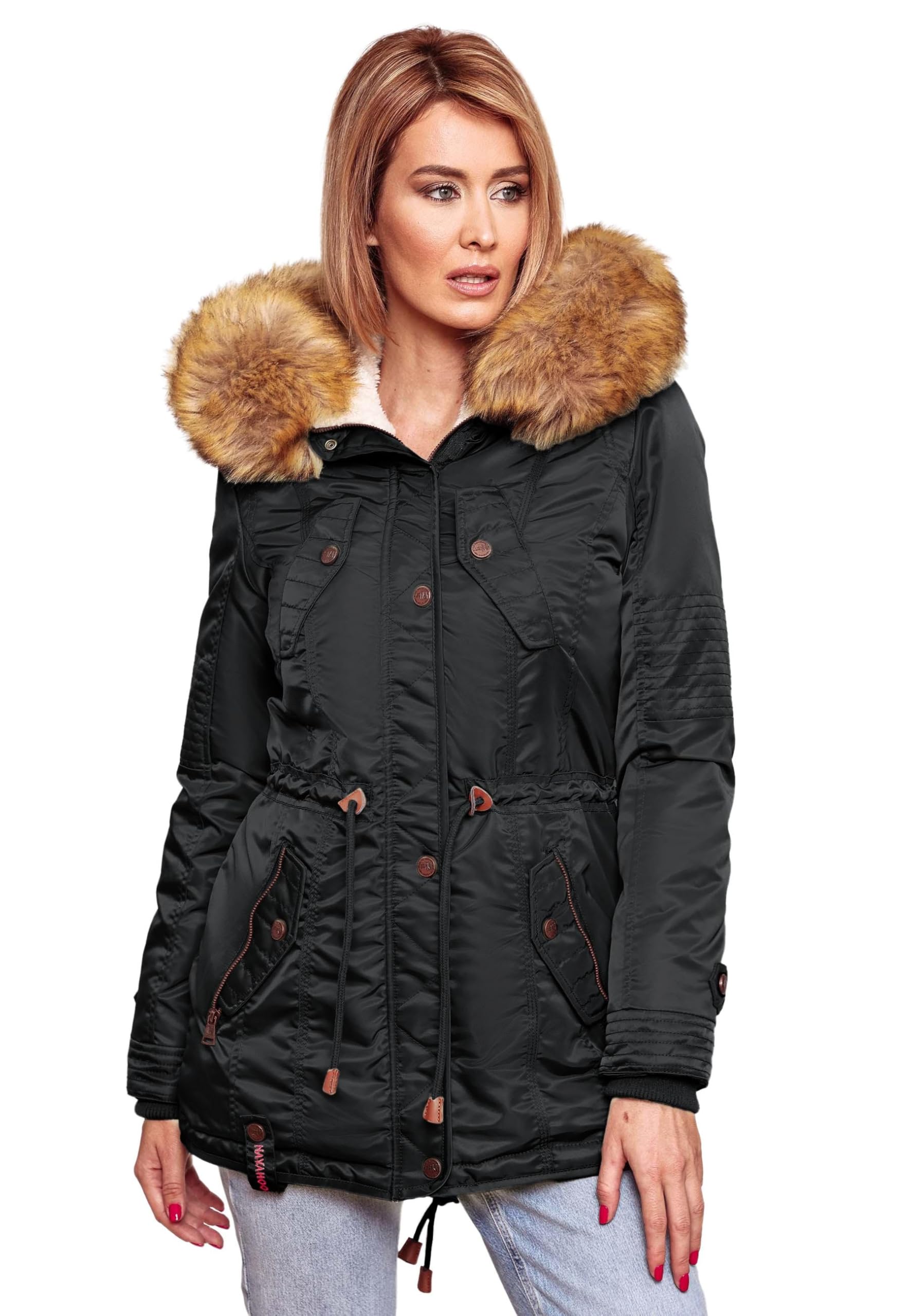 Navahoo Wintermantel La Viva Damen – Schwarz, XXXL (46) – abnehmbares Fellkapuze