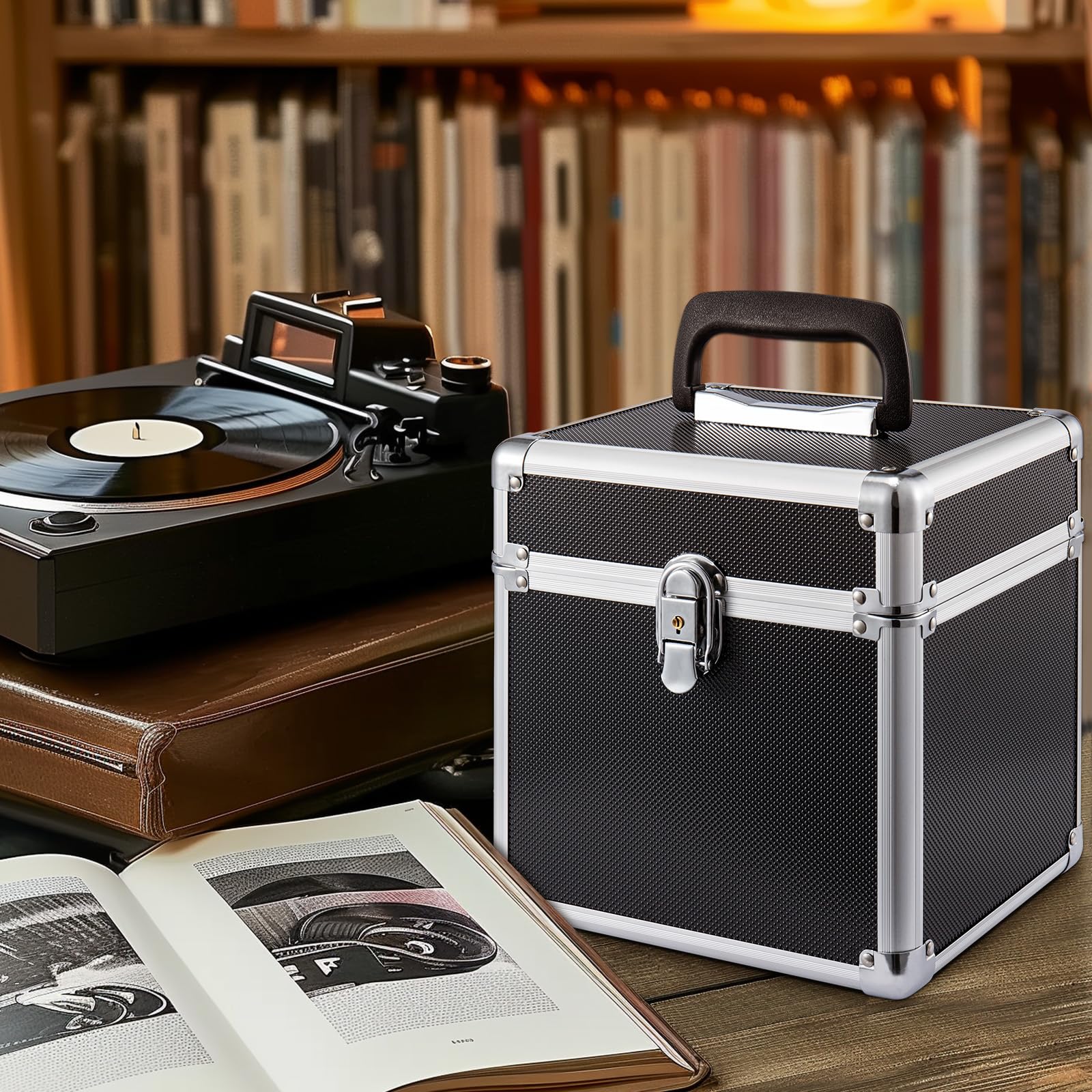 Plattenkoffer Schallplattenkoffer Koffer Abschließbarer Schallplattenkoffer aus Aluminium – Tragbarer Vinyl Koffer – Robuste Schallplattenbox mit Griff (Schwarz, 7 Zoll)