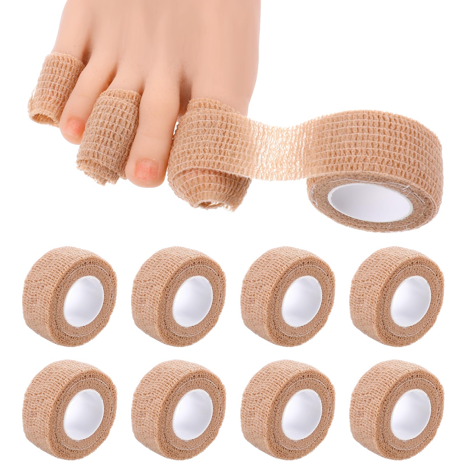 8 Rolls 1 inch Big Toe Protectors Bandage, Self Adhesive Toe Covers Guards for Men Women Runners Pain Relief Broken Little Toenail Tape for Thumb Finger Wrist Ankle Vet Wrap (Skin Color)