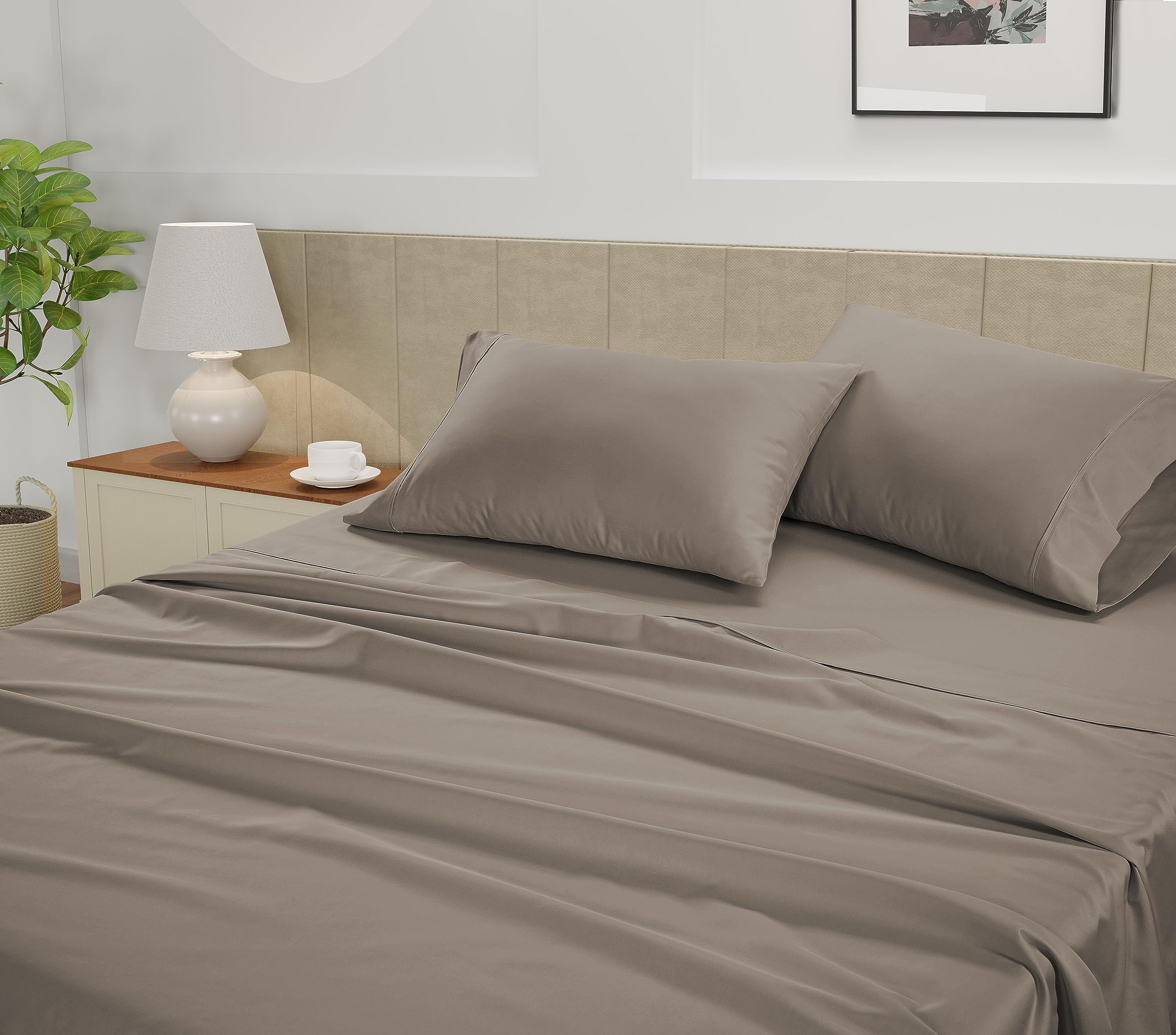 Lane Linen 100% Cotton Bed Sheets – 450 Thread Count Cooling Sheets Queen, Durable Daily Use Bedding, Value Comfort for Nightly Rest, Hotel Sateen Finish, Snug Fit 15" Deep Pocket Fitted Sheet – Taupe — view 3