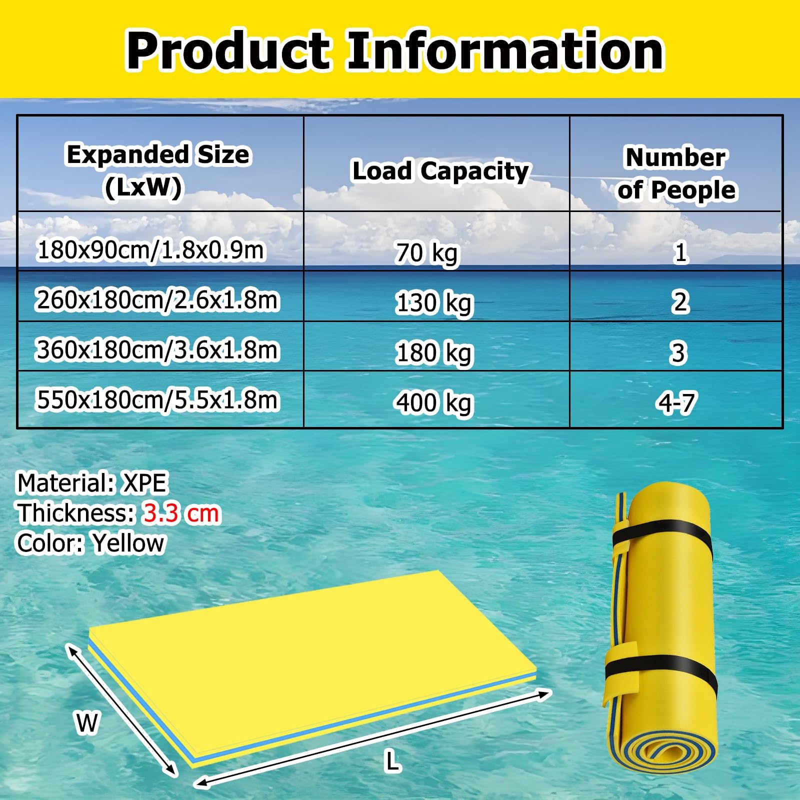 Tapis d'eau flottant pour piscine, résistant aux déchirures, résistant aux UV, antidérapant, tapis portable pour 1 à 7 personnes